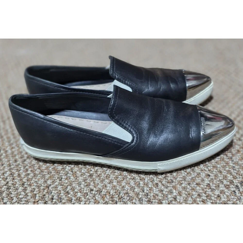 Miu Miu Loafers Women's 36.5 Black Leather Silver Toe Cap Slip On Luxury Shoes - Picture 2 of 9